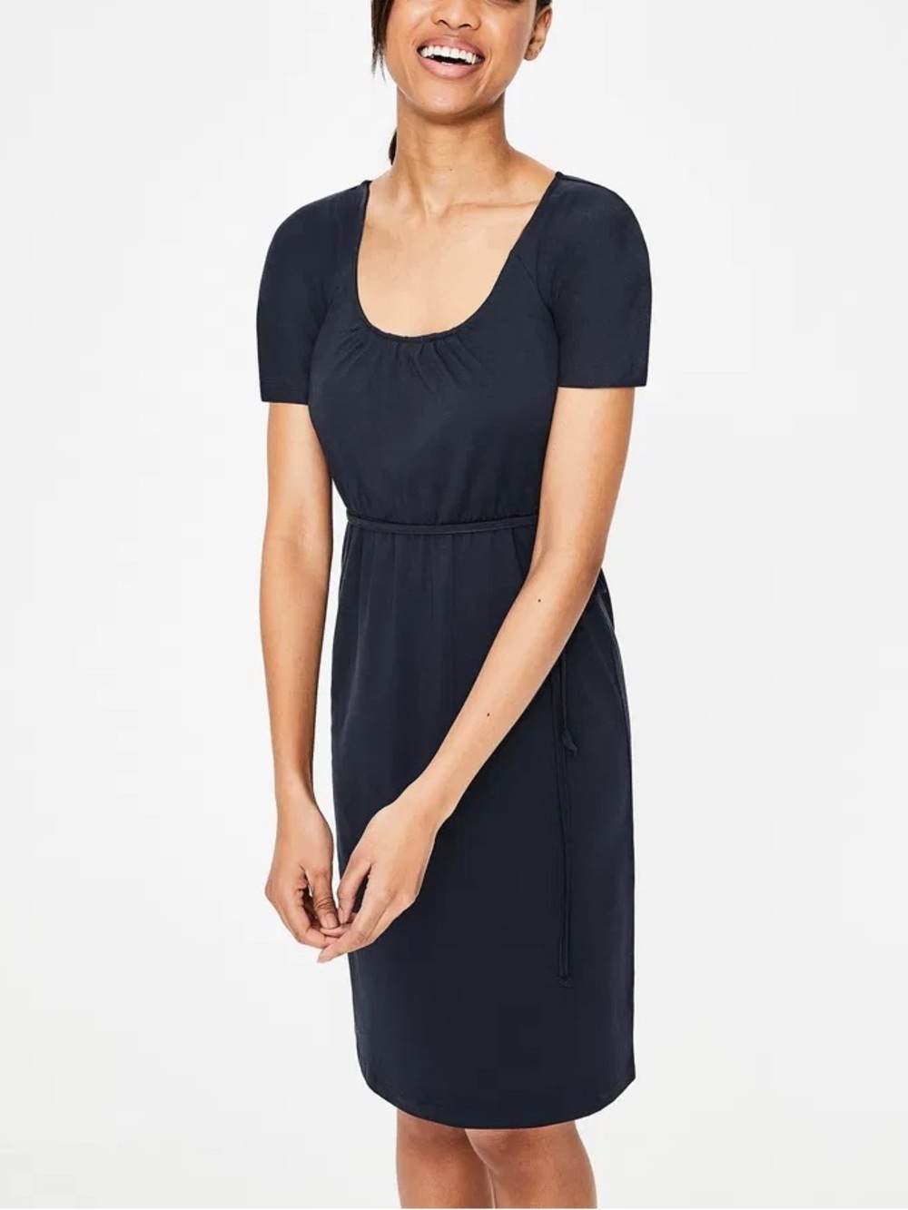 Boden Navy Blue Elspeth Jersey Short Sleeve Tie Belt Day Dress with Pockets